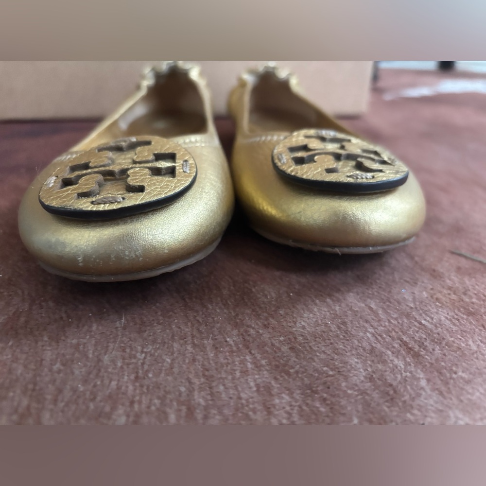 Tory Burch Metallic Gold Leather Logo Ballet Flats - Picture 6 of 10